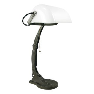 Vintage Industrial White Opaline Glass Banker Light For Sale