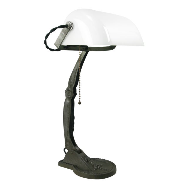 Vintage Industrial White Opaline Glass Banker Light For Sale
