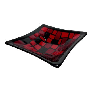 Mid 20th Century Black Red Geometric Pattern Fused Glass Square Bowl For Sale