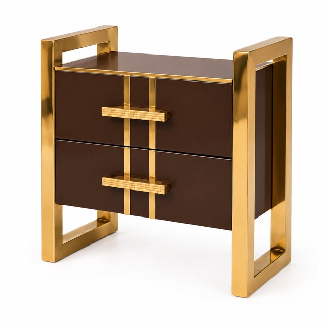 Chocolate Brown Glass Bedside Cabinets with Brass Frames from Justfurnituress SRL, Set of 2 For Sale - Image 6 of 10