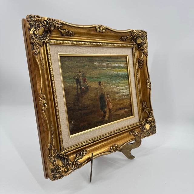 Antique Italian Mother & Child Beach Scene Oil Painting, Salvaged Fragment For Sale In Tampa - Image 6 of 12