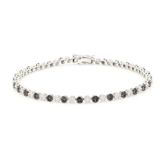 Art Deco Brilliant 2.16 Ct Black White Diamond Tennis Bracelet in Solid 18k White Gold For Sale - Image 3 of 5
