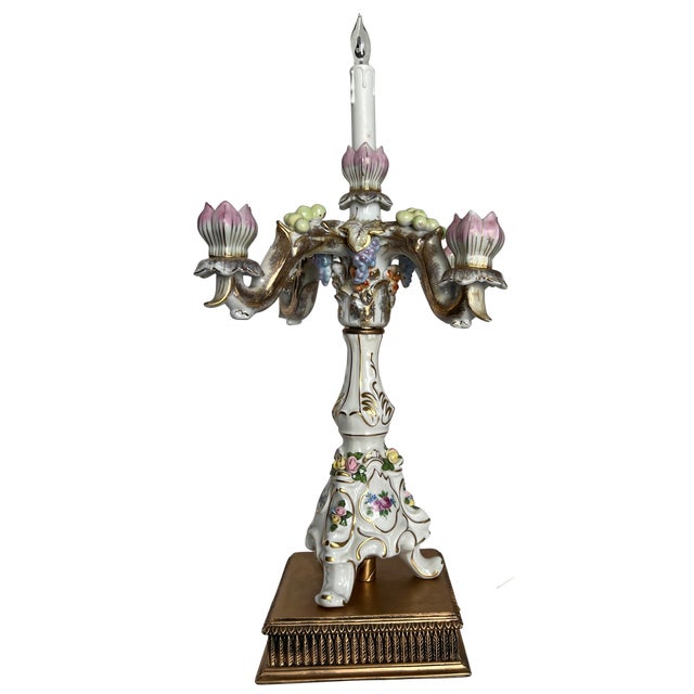 MId-Century Dresden Porcelain Floral Fruit Candelabra Table Lamp For Sale - Image 12 of 15