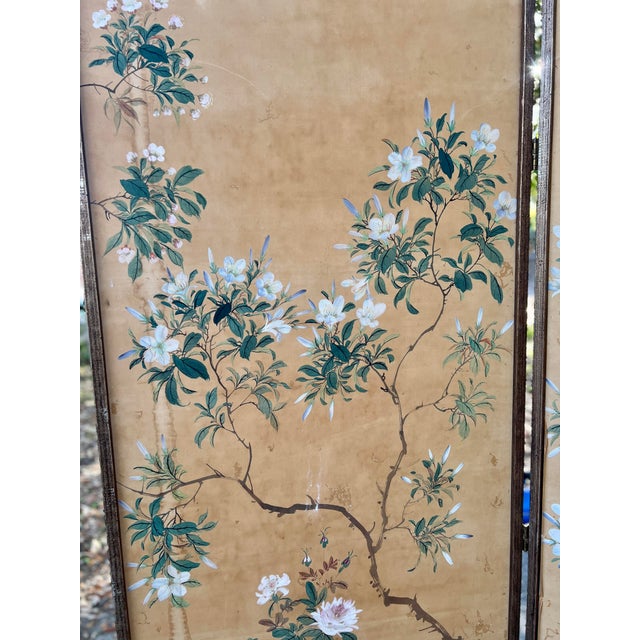 19th Century Chinese Hand Painted Silk 6-Panel Wallpaper Floor Screen Mounted as a Pair For Sale - Image 10 of 12