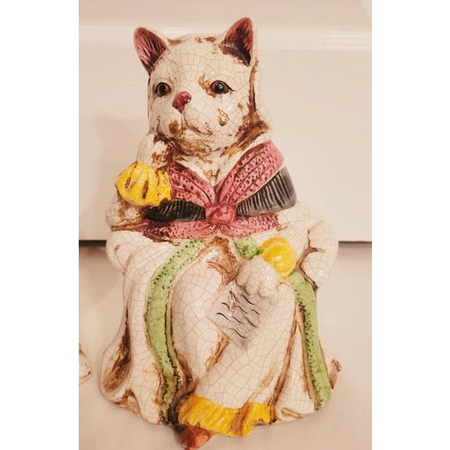 Ceramic Vintage Colorful Regency Ceramic Staffordshire Sitting Throne Cats Statue- a Pair For Sale - Image 7 of 10