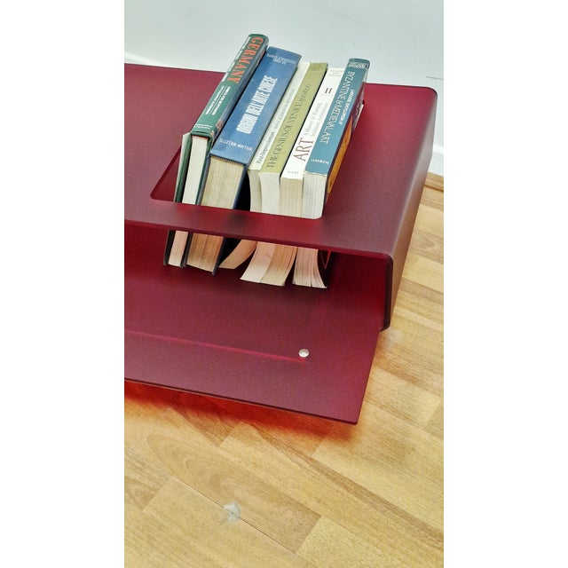 Italian Coffee Table in Burgundy Acrylic Glass and Chrome Wheels, 1990s For Sale - Image 10 of 14