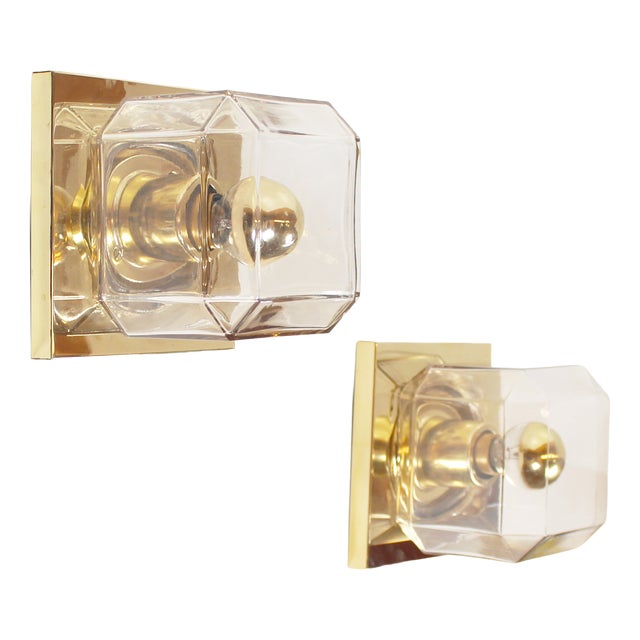 Vintage Glass and Brass Wall Lamps from Glashütte Limburg, 1970s, Set of 2 For Sale