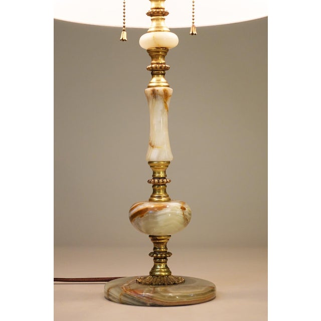 Art Nouveau 1920s French Art Nouveau Neo Classic Green Banded Onyx Marble Brass Table Lamp For Sale - Image 3 of 11