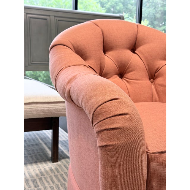 Kravet Set of Kravet Tufted Swivel Club Chairs With Matching Ottoman For Sale - Image 4 of 12