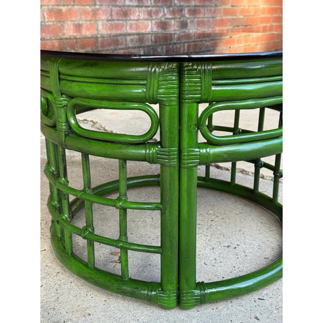 Mid-Century Bespoke Green Rattan Smoked Glass Side Table - Newly Painted For Sale - Image 9 of 12