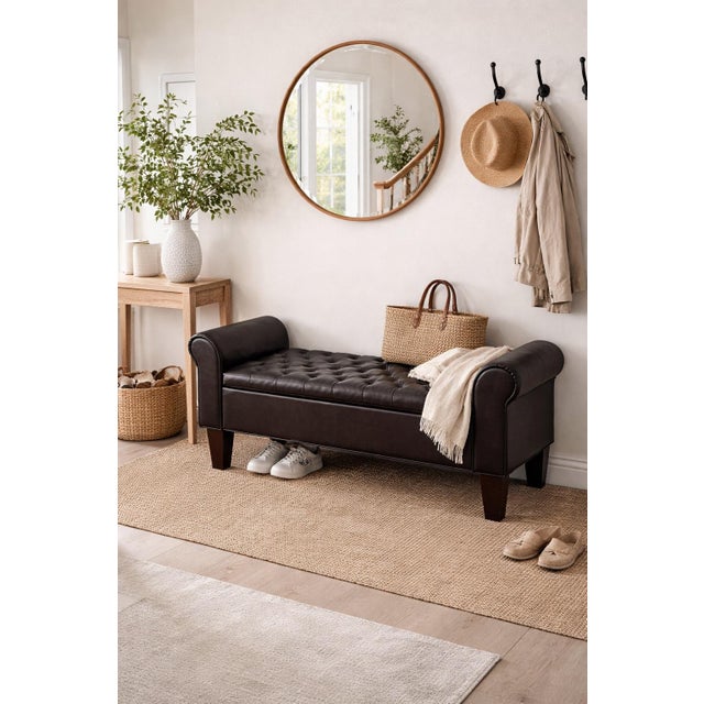 Tufted Storage Bench With Rolled Arms in Dark Espresso Faux Leather For Sale - Image 4 of 7