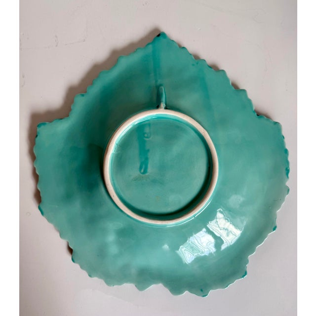Vintage Portuguese Majolica Turquoise Leaf Plate For Sale - Image 10 of 11