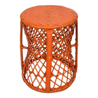Vintage Boho Orange Wicker Round Plant Stand For Sale