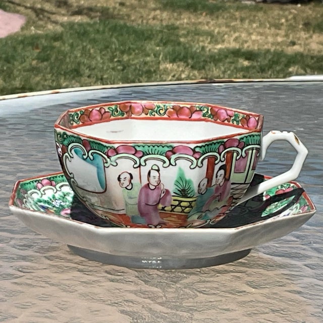 Chinoiserie 1920s Famille Rose Medallion Octagonal Cups and Saucers Set- 4 Pieces For Sale - Image 3 of 6