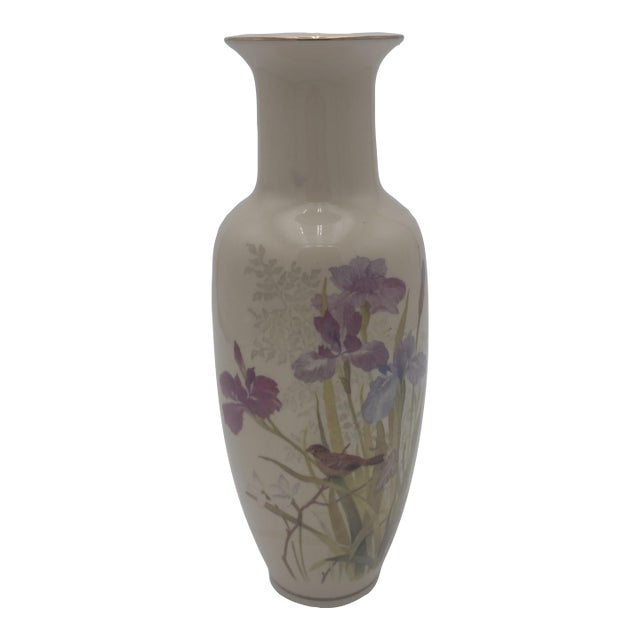 Vintage Japanese Porcelain Vase With Hand-Painted Irises & Songbird Motif For Sale