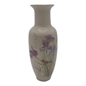 Vintage Japanese Porcelain Vase With Hand-Painted Irises & Songbird Motif