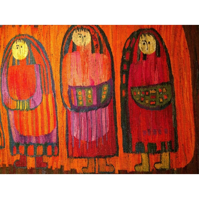 Vintage Mid-Century Tapestry, Handwoven Wool, Folkloric Schoolgirls Design, Crimson & Yellow, 38” X 70” For Sale - Image 4 of 11