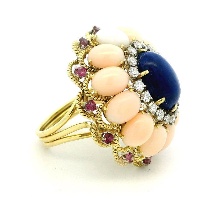 Italian 18k Gold Lapis, Coral, Ruby & Diamond Cocktail Ring, 1970s, Size 7 For Sale - Image 4 of 18