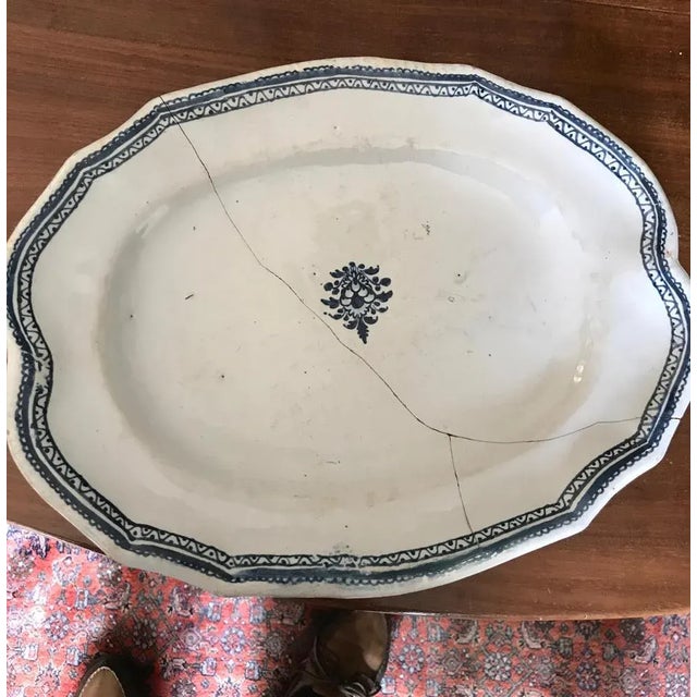 Rouen Plate Dish with Stitched Restauration Delft Blue, France, 1780s For Sale - Image 4 of 9