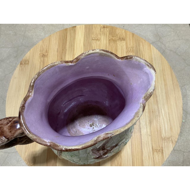 Victorian 19th Century Antique Majolica Bird Pitcher With Lavender Interior & Basketweave Motif For Sale - Image 3 of 5
