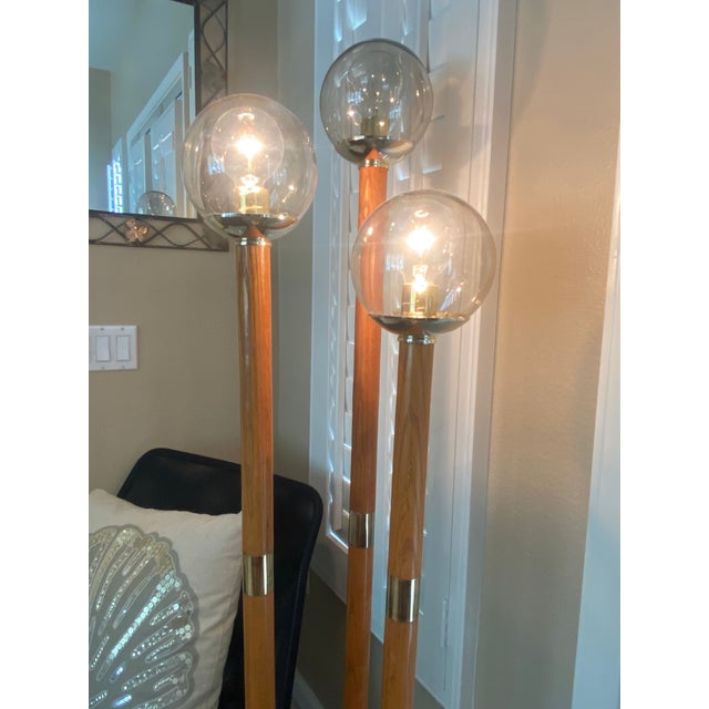 BOYD Lighting 70s Mid-Century 3-Globe Oak & Brass Floor Lamp For Sale - Image 4 of 10