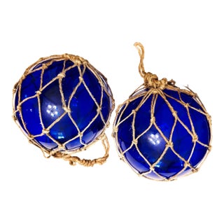 Vintage Pair of Rare 8" Cobalt Blue Hand-Blown Glass Fishing Floats · Original Jute Net For Sale