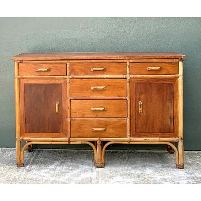 Mid-Century Modern Vintage MCM Bamboo and Wood Credenza For Sale - Image 3 of 12
