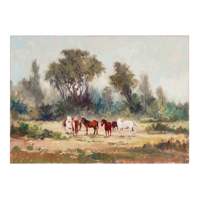 'Horses by the Eucalyptus' by Leonardo Remigante, 1973, Cuneo, Piedmont, Italian Impressionist, Equestrian For Sale