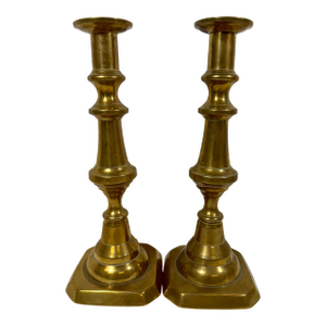 Antique Pair of 19th Century Square Based Brass Push-Up Candlesticks From England