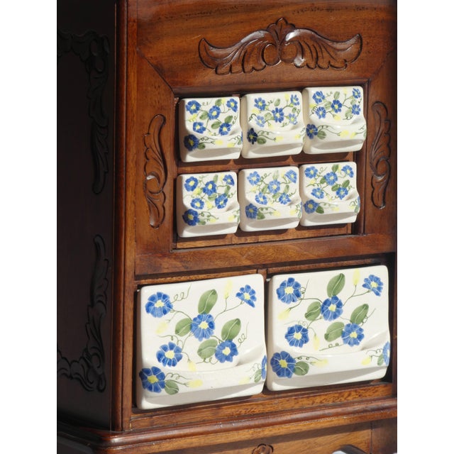 Antique Dutch Farmhouse Wooden Ceramic Floral Spice Cabinet, 1950s For Sale - Image 13 of 14