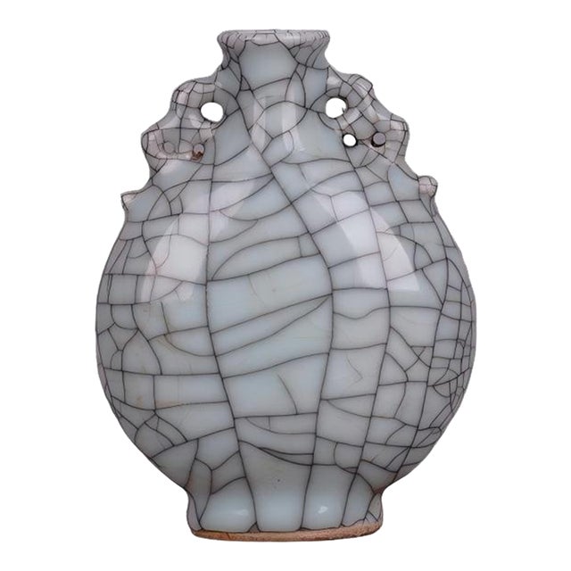 Chinese Ceramic Vase Guan Ware Crackle Glaze Celadon Double Ears Moonflask Vase For Sale