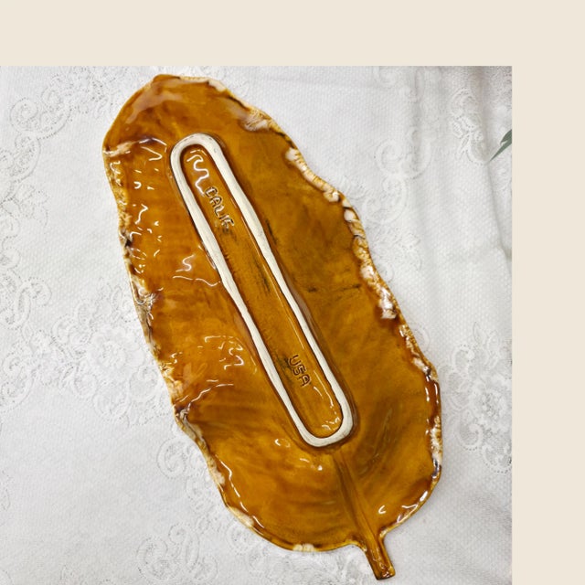 Ceramic Maurice of California 1950s Gold Leaf Tray Mid Century Modern Ceramic Banana Leaf Platter 20” For Sale - Image 7 of 14