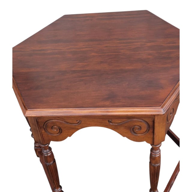 1940s Vintage American Cherry Center Table Carved Traditional For Sale - Image 4 of 17
