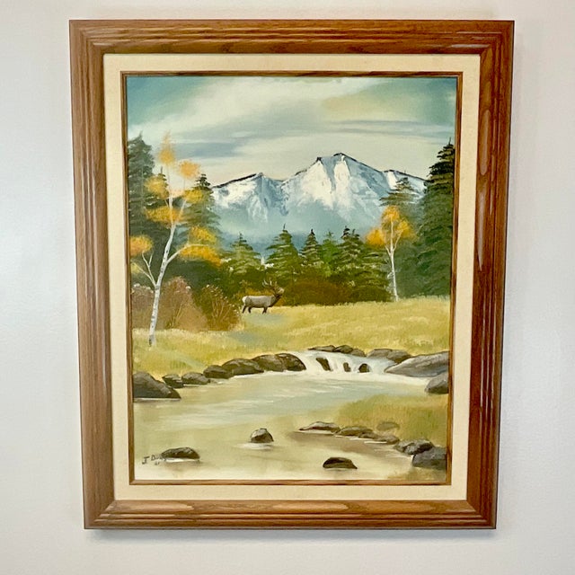 Wood Mid-Century Rustic Americana Elk Wildlife & Scenic Mountain Steam Oil Painting, Signed J. Dirks For Sale - Image 7 of 14