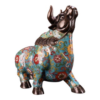 Vintage Cloisonne Enamel Ox Figure – 9.1" Gilt Mythical Bull Sculpture For Sale