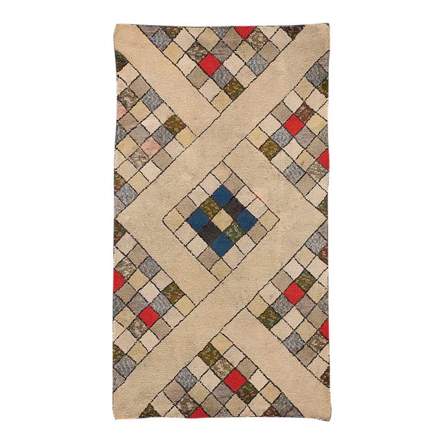 Fantastic Tan Beige Color and Interesting Rhombus Shapes Patters Antique American Hooked Rug, For Sale