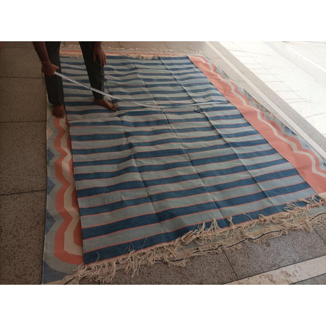 Handmade Cotton Area Rug, Vegetable Dyed, Blue and Orange Striped Dhurrie -6'x9' For Sale - Image 9 of 13