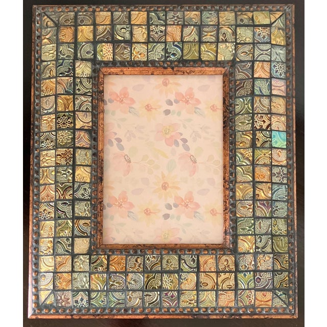 Circa 2000 Byzantine-Inspired Multi-Color Embossed Metal & Glass Mosaic Wooden Gilt Picture Frame For Sale - Image 9 of 12