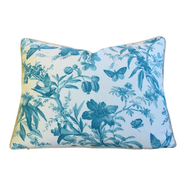 P. Kaufmann Teal/Aqua Aviary Birds & Butterflies Toile Feather/Down Pillow 24" X 18" For Sale