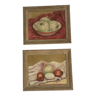 Vintage Oil Paintings signed “Dot Pressler.” – a Pair Onion Still Lifes With Beautifully Dry Matte Surface & Pronounced Impasto For Sale