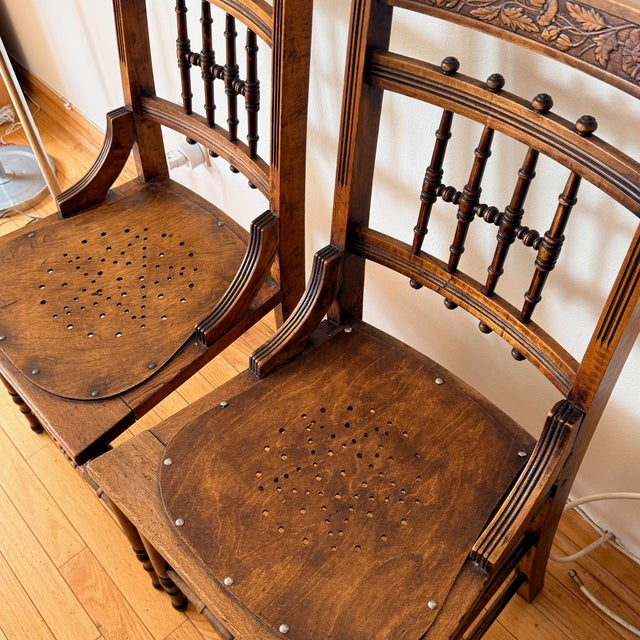 Pair Pressed Back Chairs With Leather Seats For Sale - Image 10 of 11