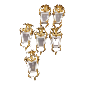 Vintage Wrought Iron Italian Gold White Palm Leaf Hollywood Regency 1 Light Outdoor Wall Sconce Wall Lamps- Set 8