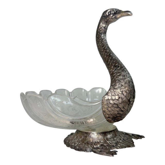 Antique 1800's Georg Roth & Co. Hanau German Sterling Silver Cut Glass Swan Bowl For Sale