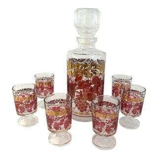 Vintage French Gold-Gilt Fruit Liquor Decanter W/Glasses, 7 PCS For Sale