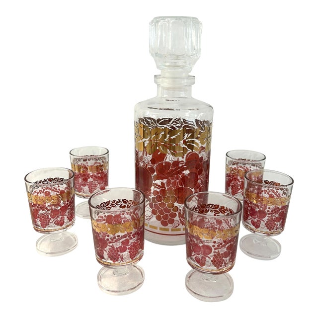 Vintage French Gold-Gilt Fruit Liquor Decanter W/Glasses, 7 PCS For Sale