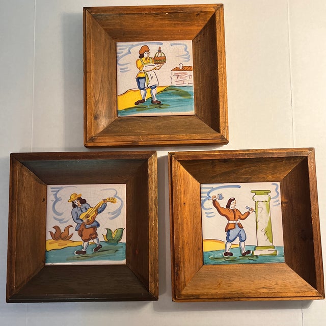Three unique vintage hand painted Spanish folk art tiles in wood frames. Artistic design inspired by Spanish culture. Tile...