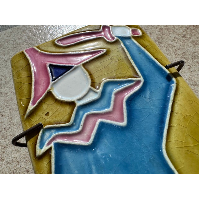 Signed Harlequin Relief Tile in Ceramic with Metal Hook, Italy, 1950s For Sale - Image 6 of 11