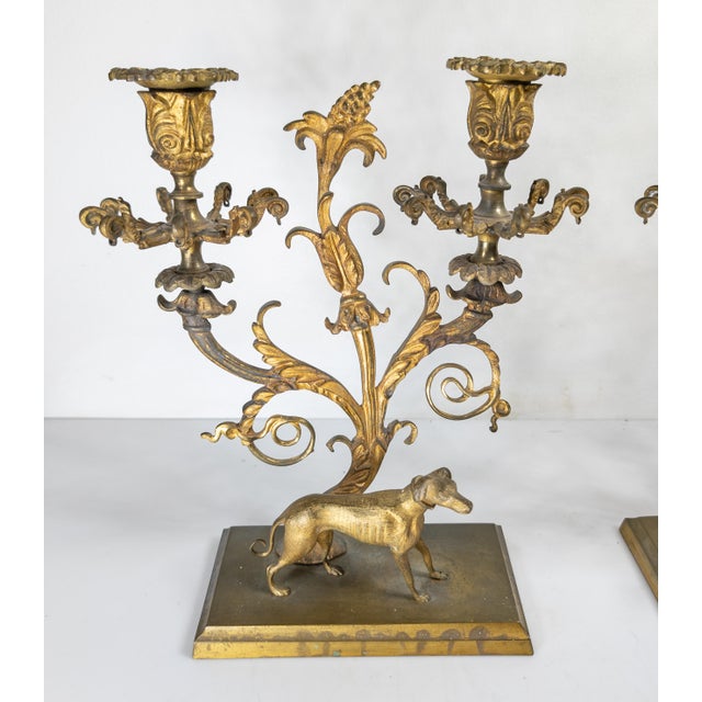 Mid 19th Century 19th Century Pair of French Regency Gilt Bronze Candleholders With Greyhound Dogs For Sale - Image 5 of 14
