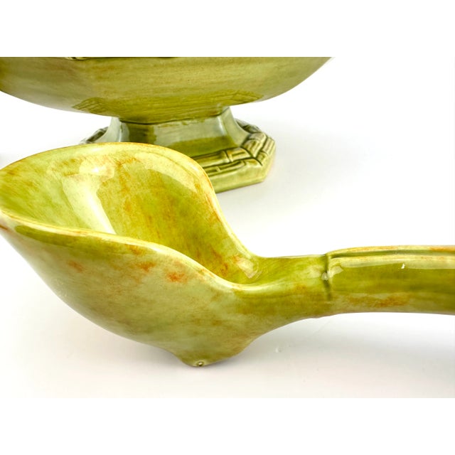 Vintage Opray Green Ceramic Bamboo Tureen With Lid and Ladle For Sale - Image 12 of 13
