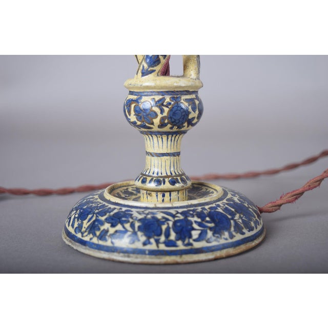 Pair of Large Antique Kashmiri Blue & White Candlesticks lamps India, Circa 1890s Pair of exotic carved wood and lacquer...